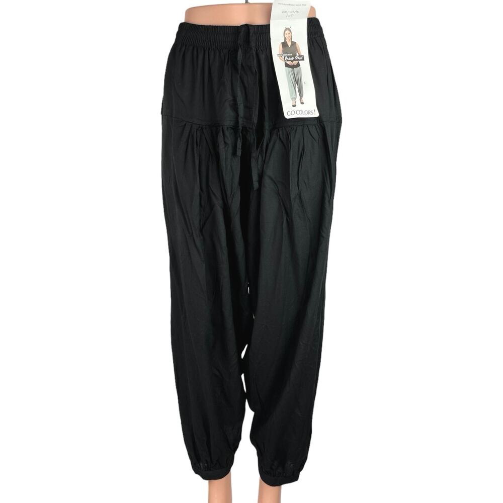 Go Colors Black High Rise Pleated Front Elastic Waistband Ankle Harem Pants Sz S